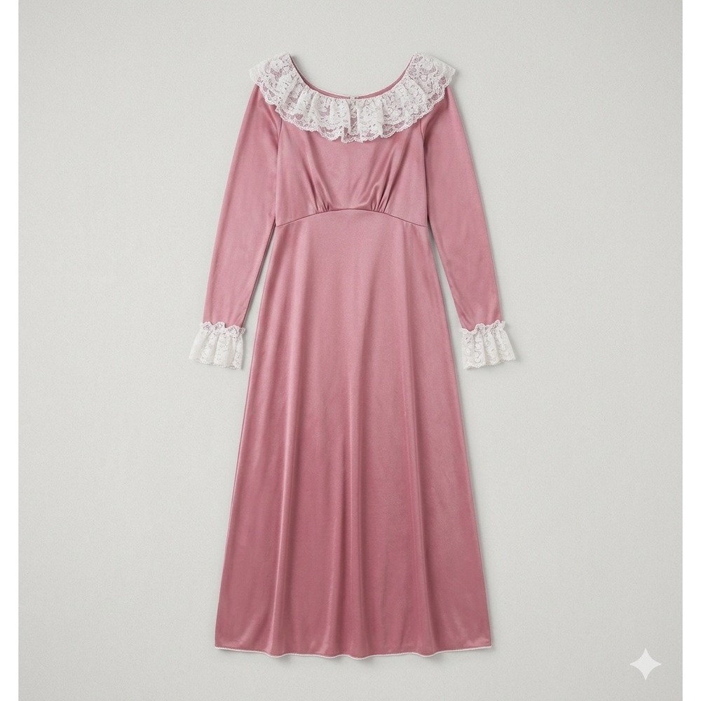 Vintage Style Dusty Rose Pink Lace Trim Maxi Dress Empire Waist Long Sleeve Gown